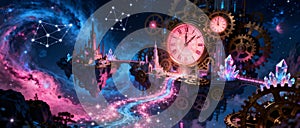 Fantasy Cosmic Clockworld With Floating Islands and Glowing Crystal Path