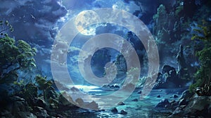 A fantasy cove with hidden treasure illuminated by moonlight piercing through mist