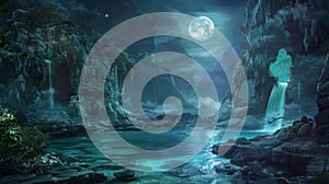 A fantasy cove with hidden treasure illuminated by moonlight piercing through mist