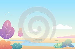 Fantasy, cozy simple minimalistic autumn landscape with river , modern gradient nature vector illustration.