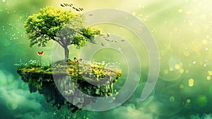Fantasy creative little floating green island with a tree on it
