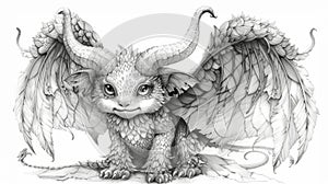 fantasy creature illustration, magical creature with wings and horns in a creative pen and ink sketch, whimsical and photo