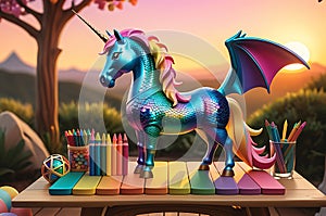 Fantasy Creature Toy: Merging the Whimsy of a Unicorn, the Scales of a Dragon, and the Colors of a Sunset