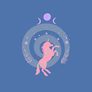 Fantasy creature Unicorn silhouette . Vector hand drawn illustration for print, banner, poster.