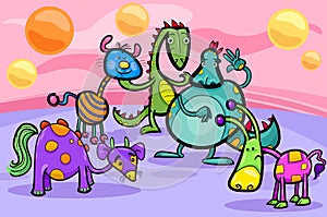 Fantasy creatures group cartoon illustration