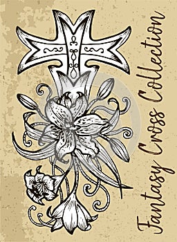 Fantasy cross with lily flower on texture background