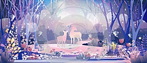 Fantasy cute little fairies flying and playing with reindeers family in magic forest at Christmas night,Vector illustration