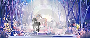 Fantasy cute little fairies flying and playing with Unicorn family in magic forest at Christmas night, Vector illustration