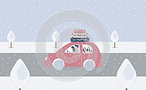 Fantasy cute winter landscape.Family car trip with suitcases.Parents and children are travelling.Trendy fashion trees in