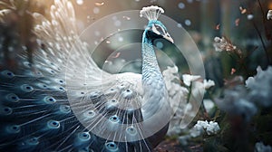 fantasy 3d image of an albino white peacock in the forest.