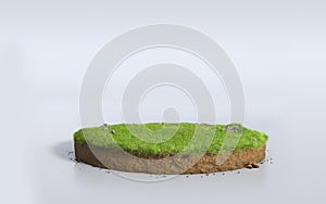 Fantasy 3D rendering circle podium grass field, paradise round soil cross section isolated on white empty background