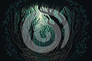 Fantasy dark forest with spooky trees. Generative AI