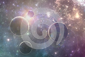 Fantasy deep space planets in colorful celestial cloud
