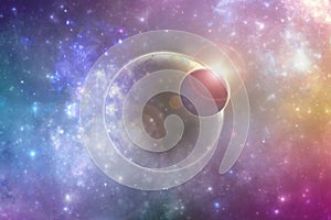 Fantasy deep space planets in colorful celestial clouds