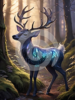 Fantasy deer in the forest at night. 3D illustration.