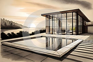 Fantasy design of house of glass with swimming pool