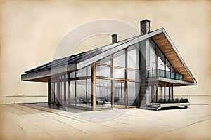 Fantasy design of house of glass and wood