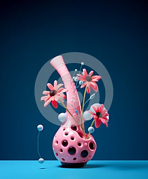Fantasy design vase with pink flowers. Cartoon, toy design background.