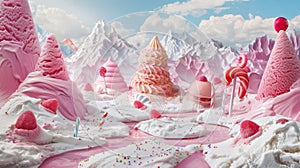 Fantasy Dessert Valley With Frosting Mountains And Confectionery Decor. Generative AI