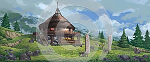A fantasy digital illustration scenery of the small farmer hut with ancient animal sculptures on a hill