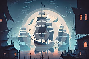 Fantasy Dockyard with Whimsical Ships Sailing into a Mysterious Mist