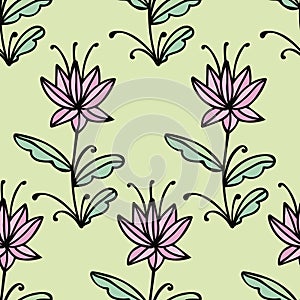 Fantasy doodle floral seamless pattern. Flowers with curls.