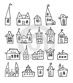 Fantasy doodle houses, vector set