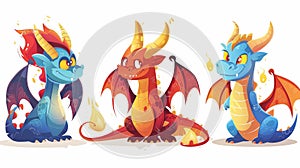 Fantasy dragon characters, funny mascot with horns, wings and yellow eyes. Fantasy flying animals, characters from books