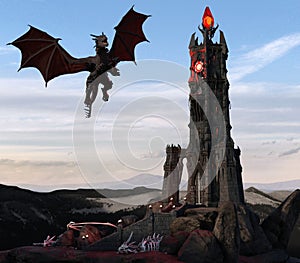 Fantasy Dragon and Dark Tower 3D Illustration