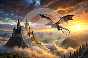 Fantasy dragon flying over a castle at dawn