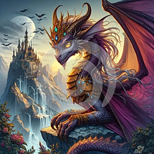 Fantasy Dragon Guarding Castle on Mountain