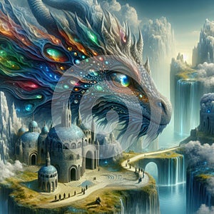 Fantasy Dragon Overlooking a Mystical Castle