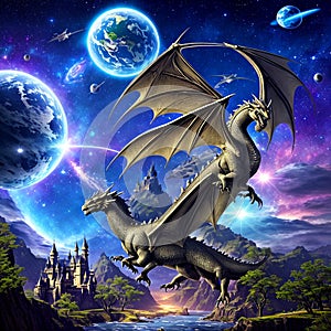 Fantasy dragons in colorful space - AI generated
