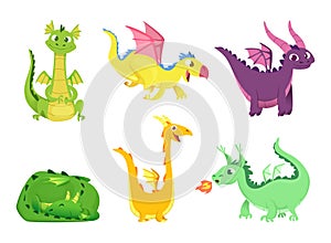 Fantasy dragons. Cute reptiles amphibians and fairytale dragons with big wings sharp tooth wild creatures vector cartoon