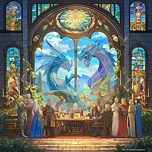 Fantasy Dragons and Humans Stained Glass Artwork