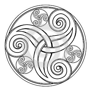 Fantasy drawing of amazing Celtic disk ornament of scrolling trickle symbol. Breton folk ethnic sign. photo