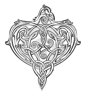 Fantasy drawing of ancient Nordic legendary bird. Imaginary creation ornate with Celtic disk ornament and triple spiral symbol.