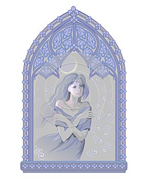 Fantasy drawing of beautiful lonely girl bored near gothic stained glass window. Sketch in ink and crayon style. Print to photo