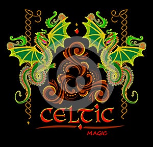 Fantasy drawing of Celtic dragons and Triskele disk symbol. Breton folk ethnic sign. Print for logo, icon, fabric, embroidery,