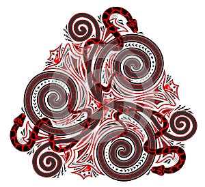 Fantasy drawing of Celtic popular ornament of trickle symbol and interweaving snakes. Printable template for modern print.