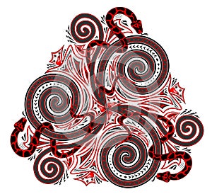 Fantasy drawing of Celtic popular ornament of trickle symbol and interweaving snakes. Printable template for modern print. photo