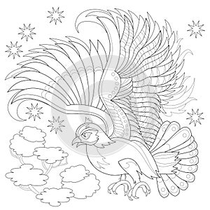 Fantasy drawing of flying owl from fairyland. Black and white page for coloring book.