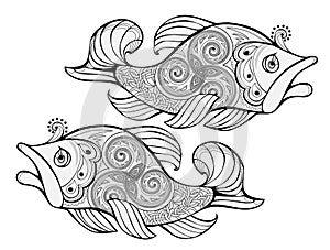 Fantasy drawing of imaginary fairy tale fishes decorated with Celtic trickle ornament. Black and white ethnic print for t-shirt,