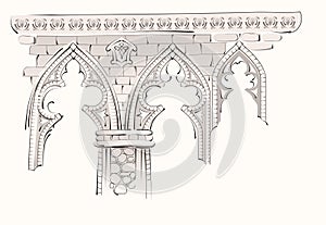 Fantasy drawing of old stone wall. Ruined knight castle with stained glass windows. Sketch of Gothic cathedral interior. Middle