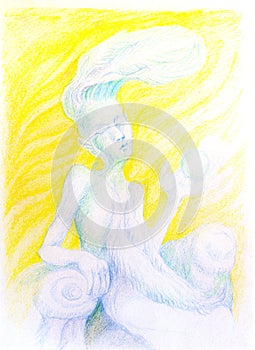 Fantasy drawing of sky feather fairy spirit, detailed colorful a
