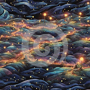 Fantasy Dreamworld Starry Night Seamless Pattern Colorful Digital Background Artwork Design - ai generated