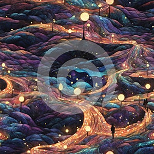 Fantasy Dreamworld Starry Night Seamless Pattern Colorful Digital Background Artwork Design - ai generated