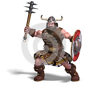 Fantasy dwarf with spike club and shield