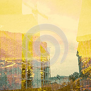 Fantasy Ecology Abstract Background. Urban Landscape Mixed with the Natural on Paper Texture.