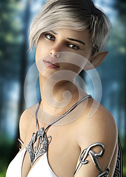 Fantasy elf female with short hair . Posing with a woods background.